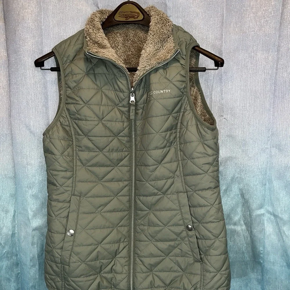 Free Country Women's Green/Brown Quilted Reversible Faux Fur Zip Up‎ Vest Small
